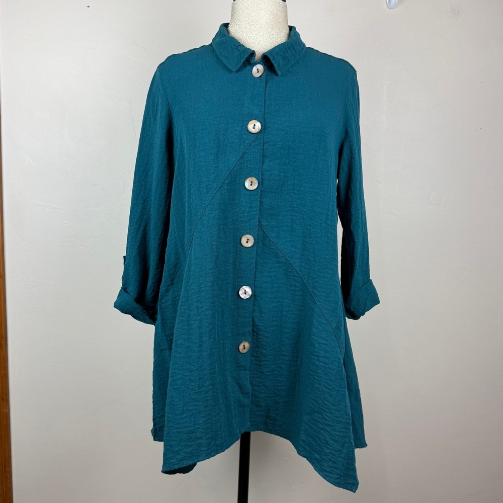 John Mark Tunic Shirt Womens Medium Teal Blue Textured Roll Tab Lagenlook Tunic